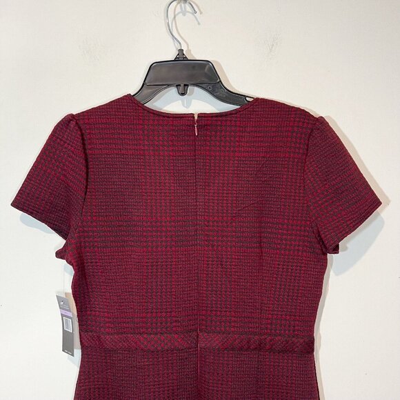 Burgundy Houndstooth Sheath Dress Career Professional Chic Cocktail Party - Picture 6 of 11